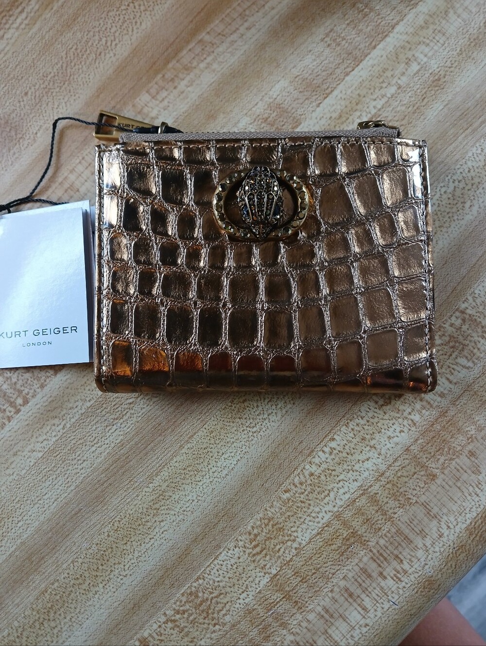 Kurt Geiger NWT Gold Croc Bifold Snap Wallet & Box